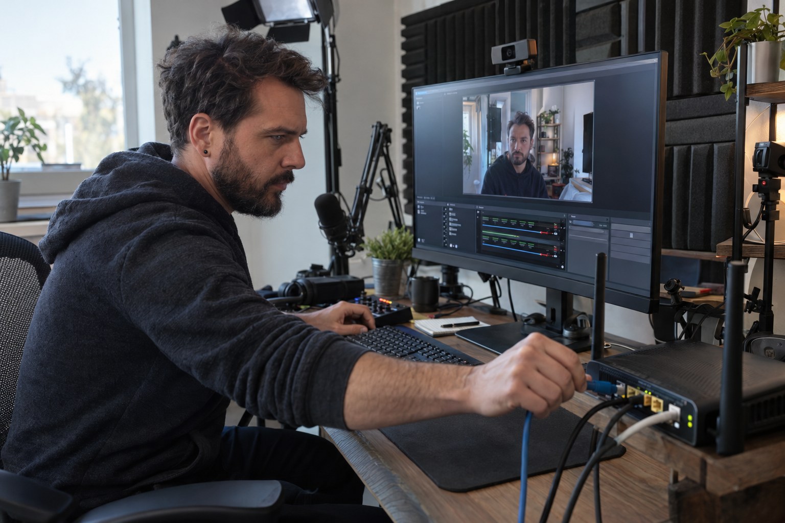 Operator comparing a router connection with OBS on a studio computer