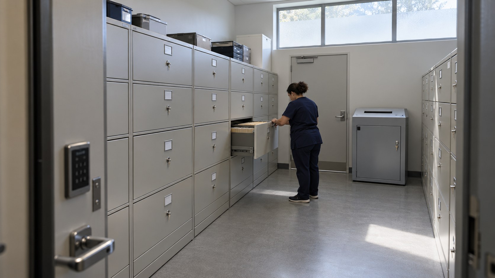 Wide view of a clinic records room with locked filing cabinets, a secure disposal station, and a staff member closing a file drawer.