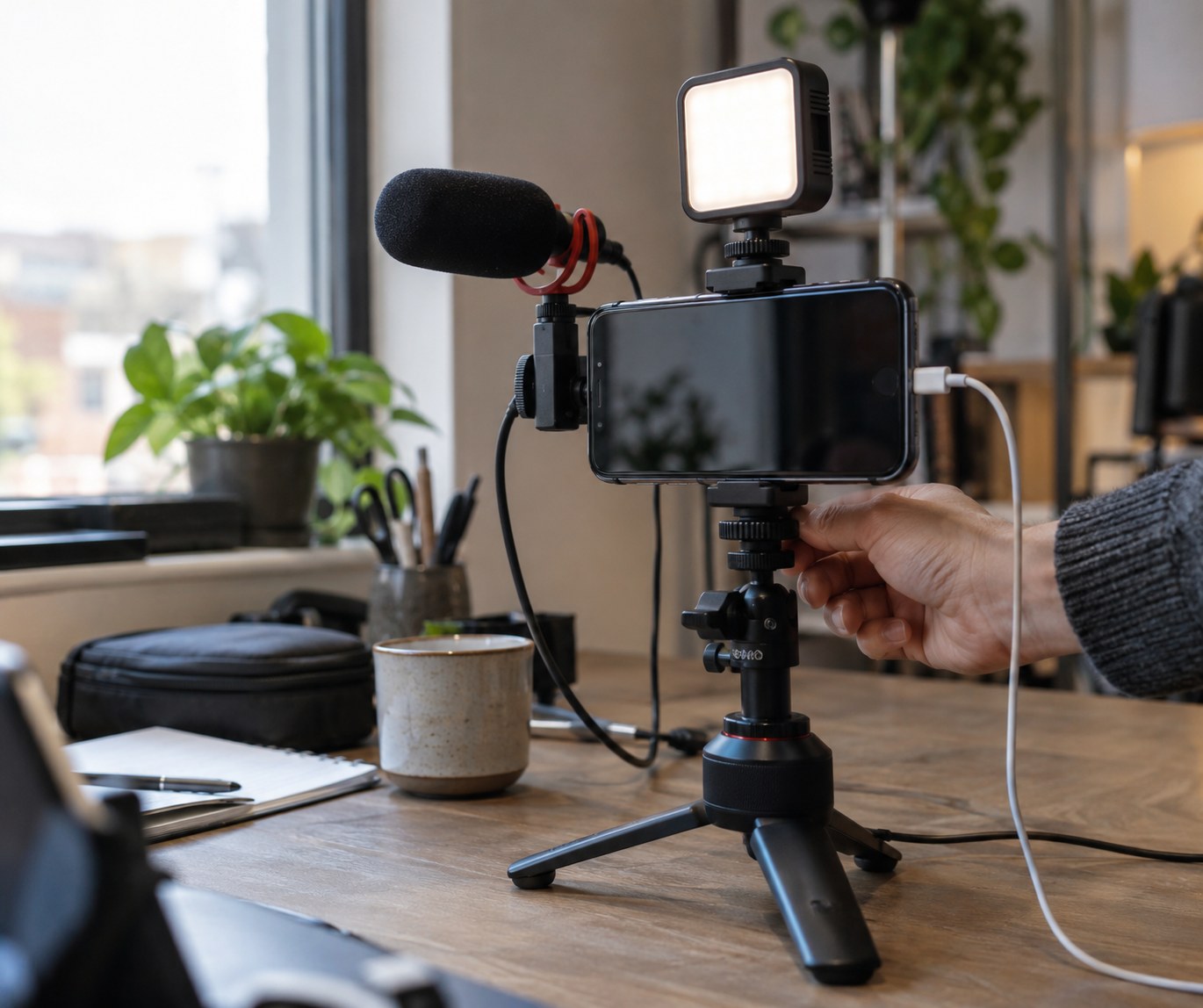 Mounted phone, light, microphone, and charger prepared for a private stream test