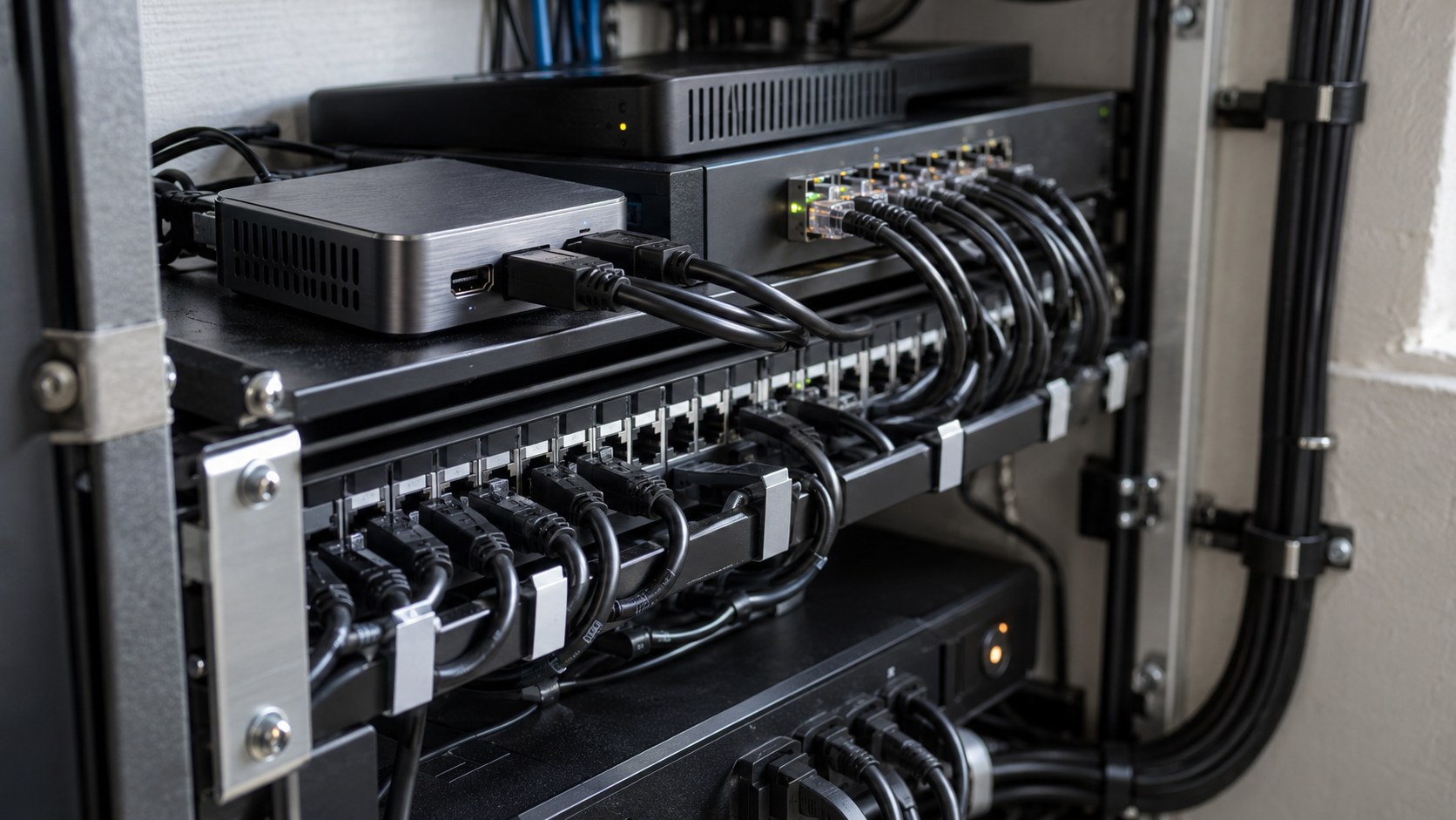 Close-up of unbranded streaming capture and network hardware with neatly routed cables and glowing status lights in.