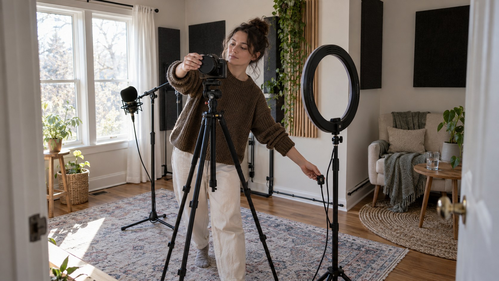 Creator places a lens cap on the camera while switching off a ring light in a daylight home studio.