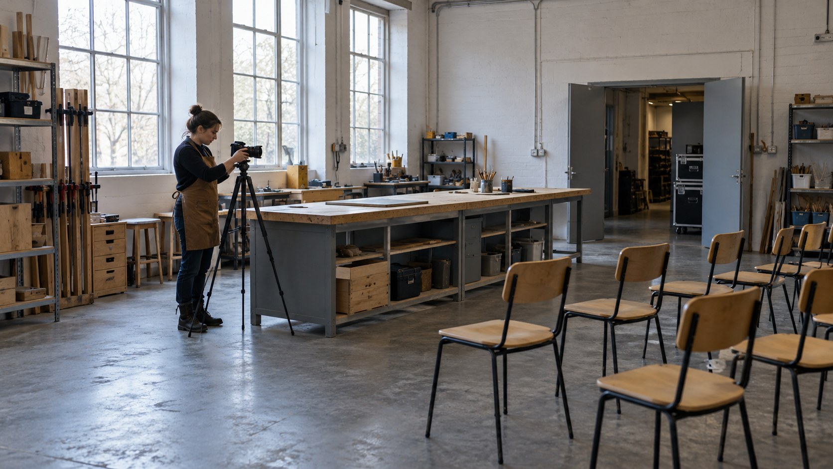Instructor tests a tripod-mounted camera beside an empty demonstration bench in a sunlit workshop studio, with vacant chairs and an open production doorway.