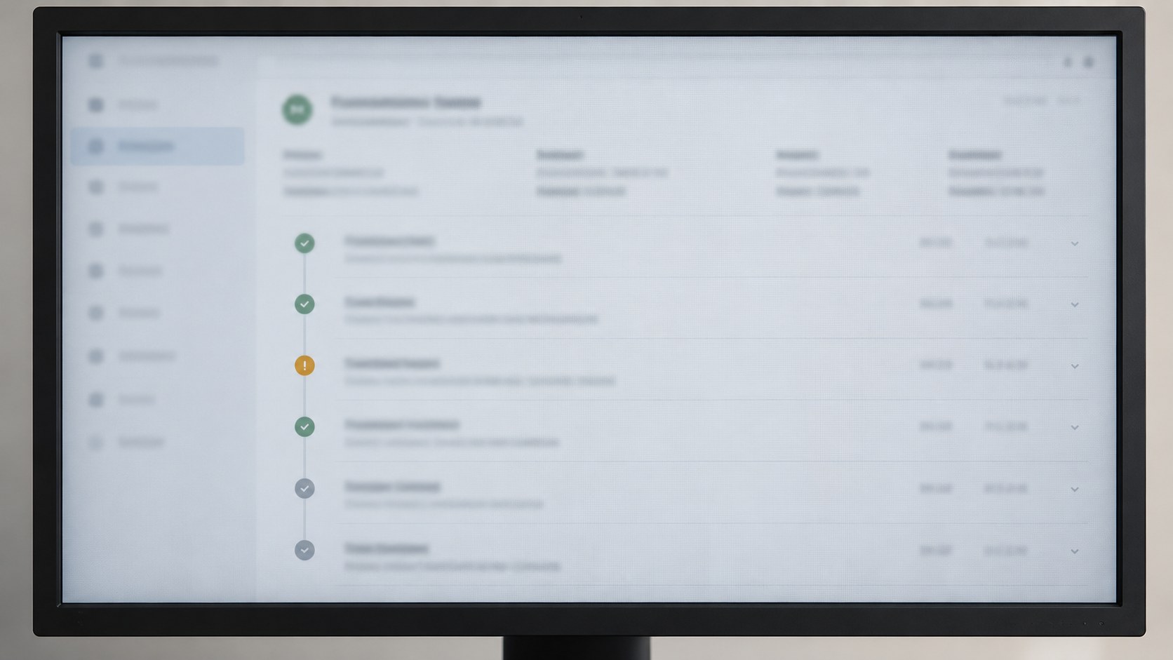 Close frontal view of a standalone monitor showing an unbranded transaction record with linked event rows and colored status markers.
