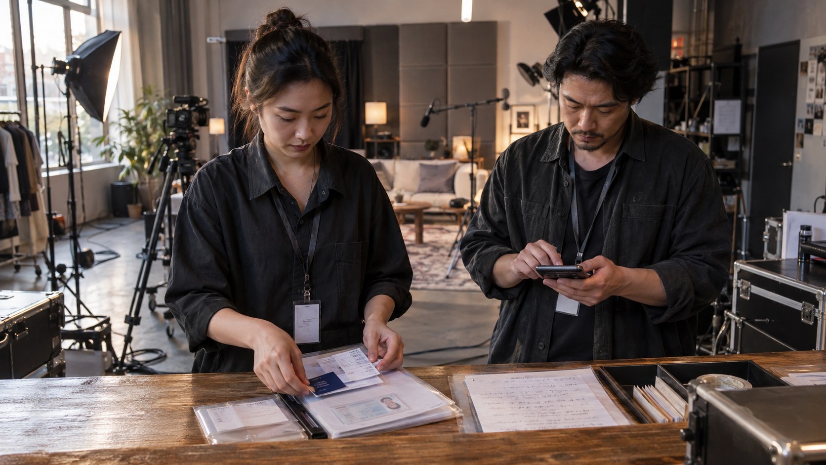 Two studio workers organize payout recovery documents and verify amounts with a calculator at a counter amid cameras.