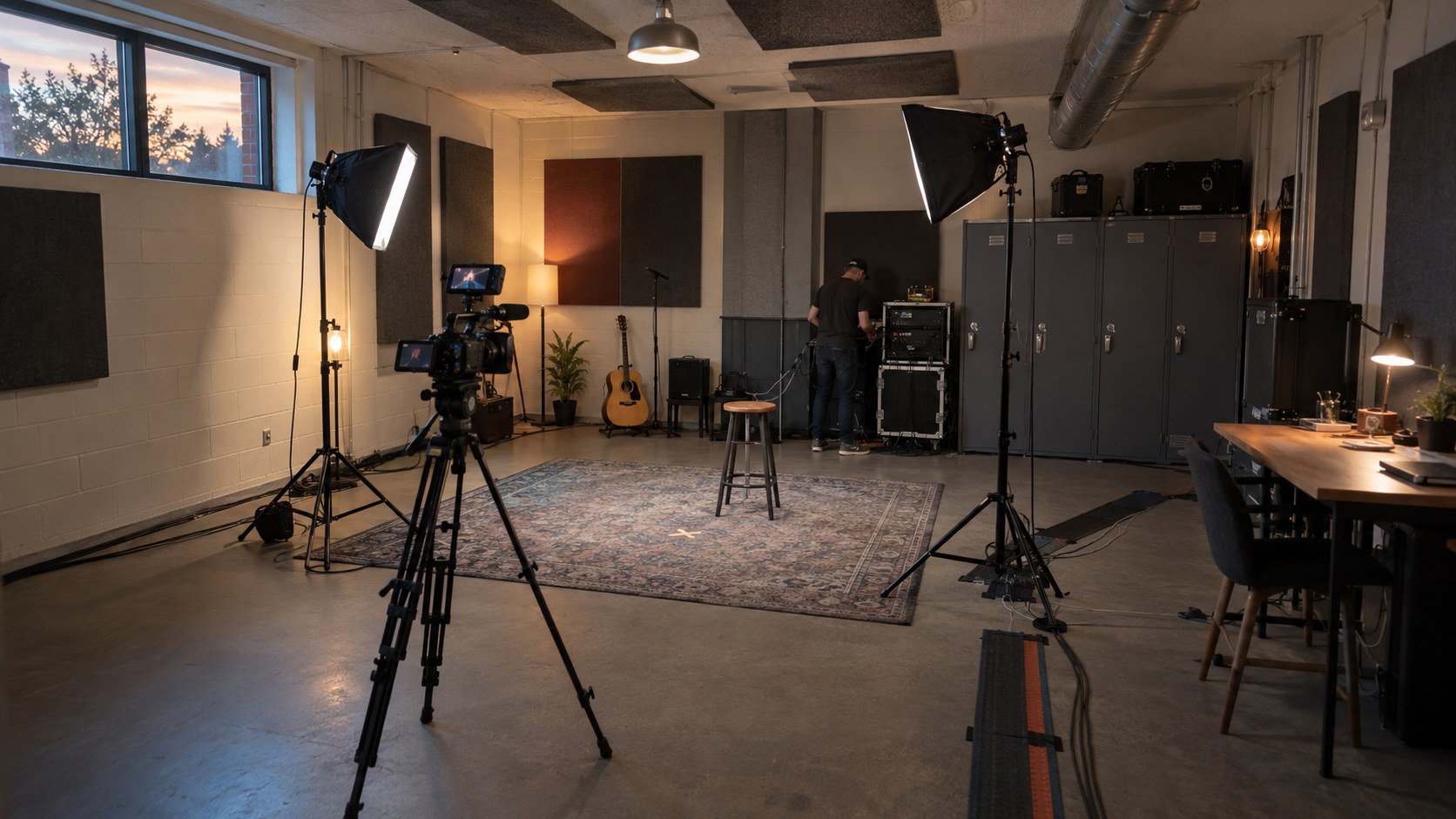 Wide view of a compact broadcast studio with camera and lighting rigs, a moderation station, storage cabinets, cable runs, and a technician checking equipment.