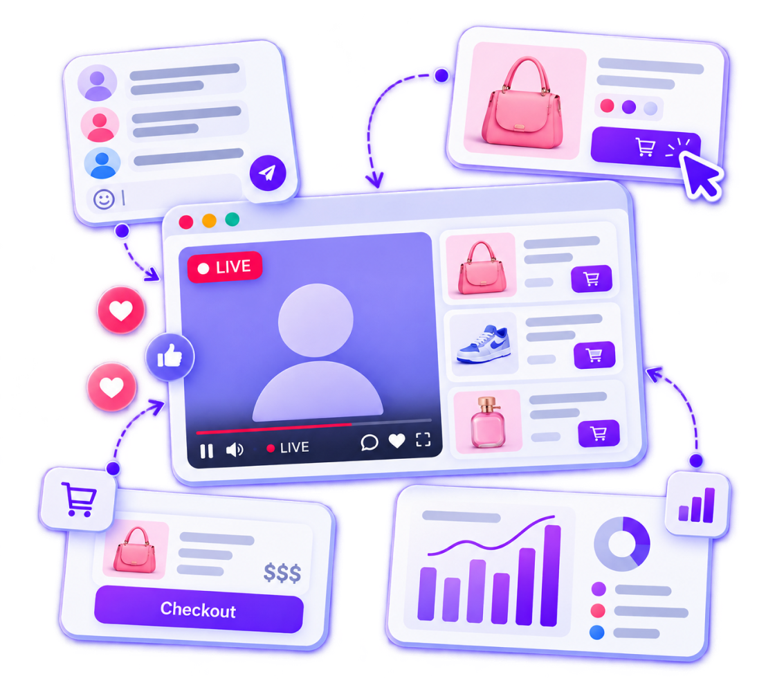How a live shopping session works: live video, featured products, chat, checkout