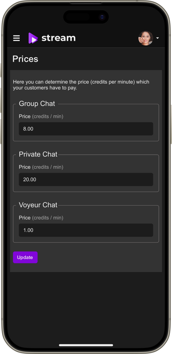 Pay-per-minute pricing for private video chat in Scrile Stream
